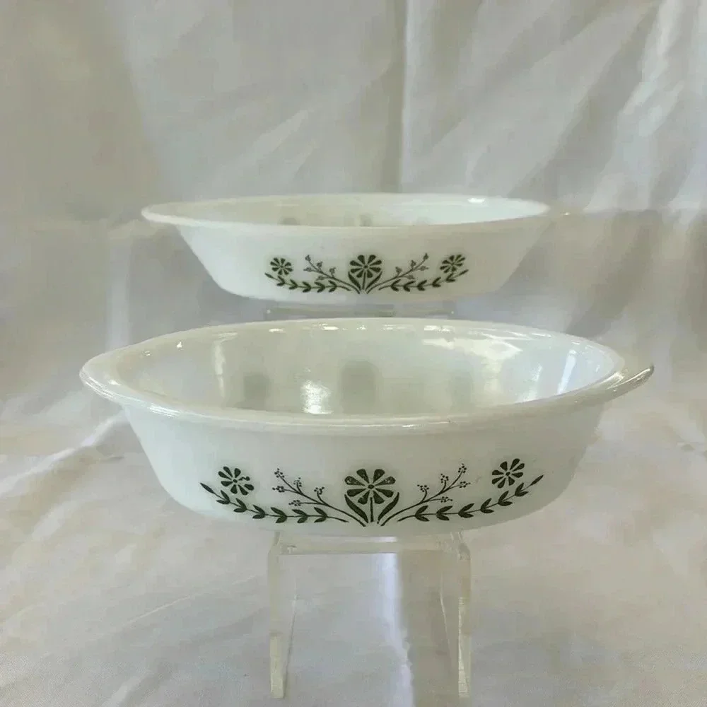 2 - Glasbake 1970s Casserole Dishes Green Daisy Milk Glass MCM Kitchen